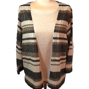 Vintage Cardigan Sweater 1X Striped Golden Lurex long sleeve lightweight knit top Alfred Dunner