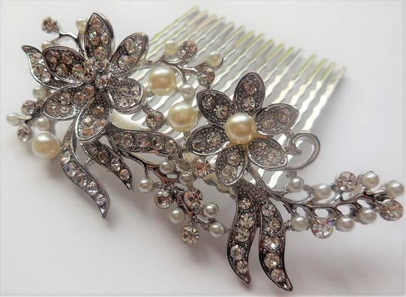 Hair Comb Rhinestones White Pearl hair accessorie… - image 3