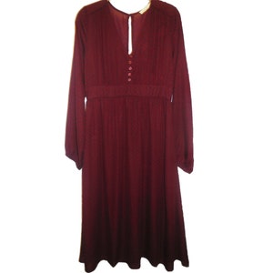 May include: A long-sleeved burgundy dress with a subtle pattern. The dress features a keyhole neckline, three buttons, and a fitted waist. The dress has a flowing skirt and is suitable for various occasions.