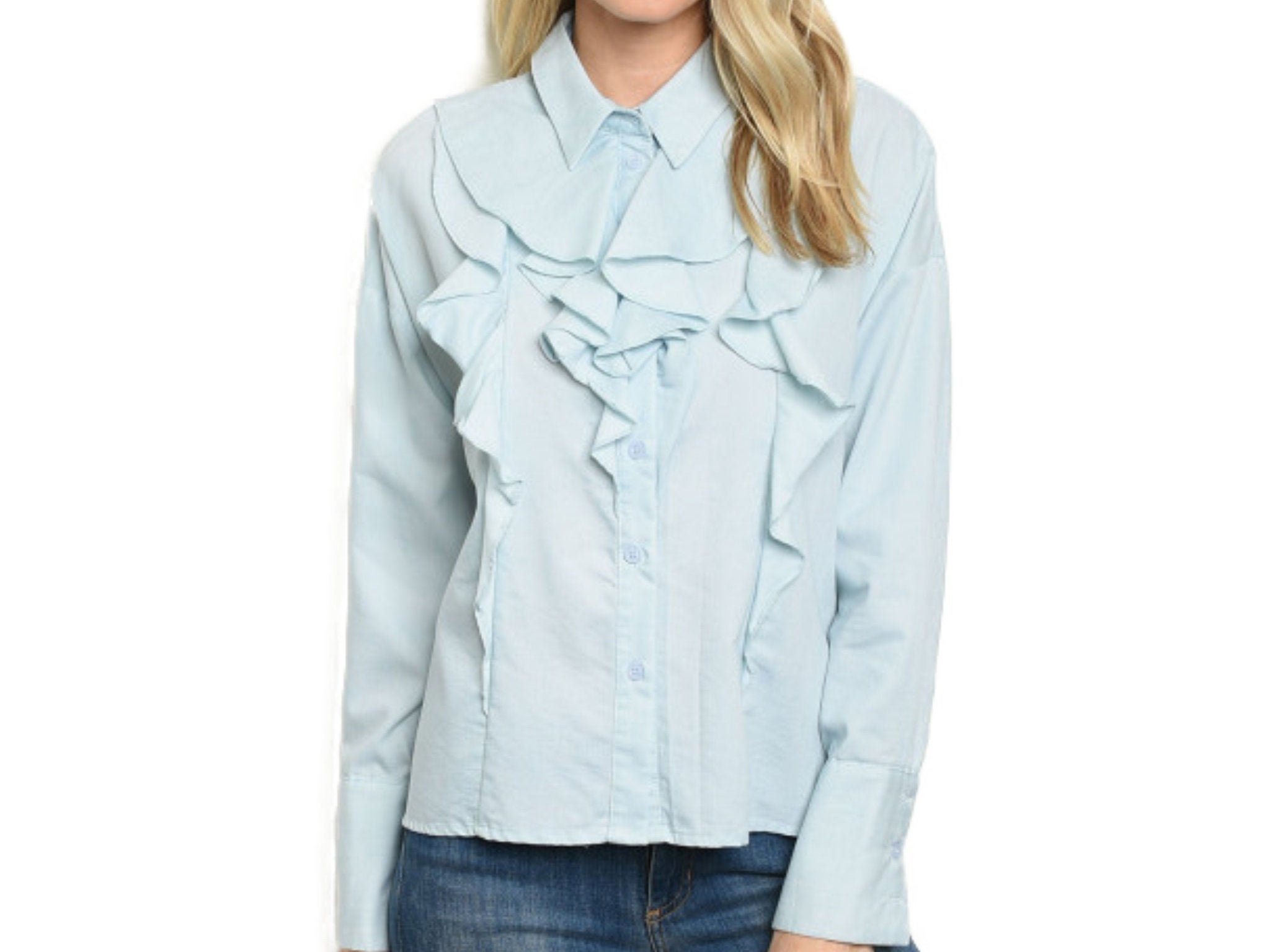 Shirt with ruffled jabot collar Light Blue career wear button Etsy