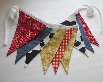 farm party banner, cowboy party decor, ranch bunting, cow denim straw bandana print banner, photo prop, barn wedding, farm boy party