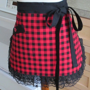 buffalo plaid apron -  red & black check apron - half apron - waist apron - black lace trim - farmhouse chic - hostess apron- server apron