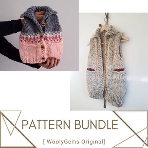 May include: A pattern bundle for knitting two sleeveless vests. One vest is pink, gray, and white with a button closure. The other vest is beige with a red trim and pockets. The text "PATTERN BUNDLE [WoolyGems Original]" is displayed below the vests.