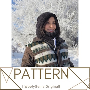May include: A woman wearing a black knit hat and matching neck warmer, standing in a snowy landscape. She is wearing a brown jacket with a colorful patterned vest. The text "PATTERN [WoollyGems Original]" is displayed below the image.