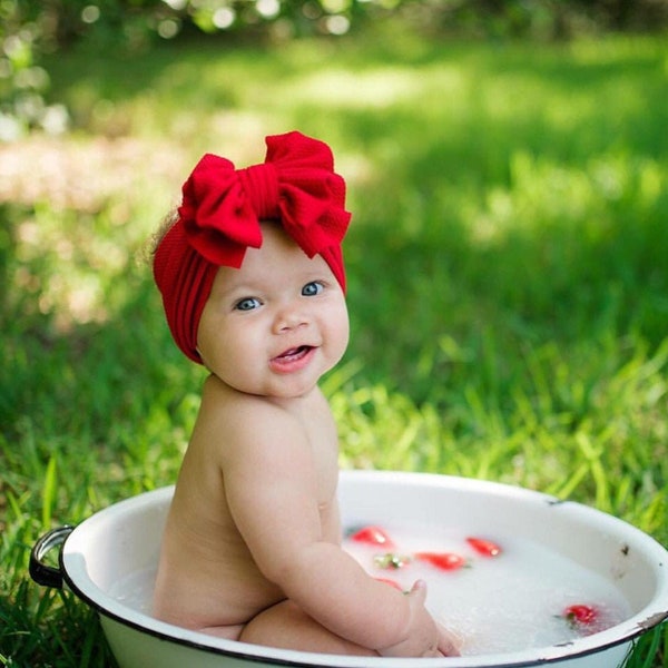 Red Bow - Pull Proof - Stretchy Red Headwrap - Permanently Sewn Wrap - Red Bow - Baby Bow - Girls Bow - Red Headband - Big Bow - Large Bow