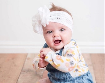 White Eyelet Lace Bow - Eyelet Bow - Stretchy Headwrap - Permanently Sewn Wrap - Baby Bow - Girls Bow