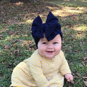 Navy Bow Navy Headwrap Navy Bow Baby Bow Girls Bow Navy Headband Big Bow Permanently Sewn Stretchy Wrap image 1