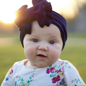 Navy Bow Navy Headwrap Navy Bow Baby Bow Girls Bow Navy Headband Big Bow Permanently Sewn Stretchy Wrap image 3