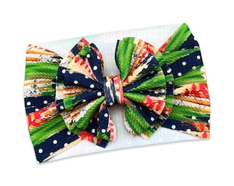 Baseball Headwrap - Baby Bow - Pull Proof - Permanently Sewn - Big Bow - Clip - Messy Bow
