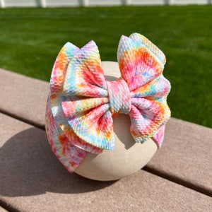 Summer Tie Dye Bow - Tie Dye Headwrap - Baby Bow - Pull Proof - Permanently Sewn - Big Bow - Clip - Messy Bow