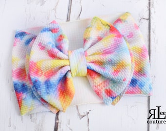 Tie Dye Bow - Stretchy Tie Dye Headwrap - Permanently Sewn Wrap - Big Bow - Baby Bow - Girls Bow - Tie Dye Headband