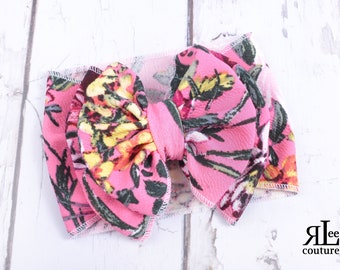 Pink Summer Headwrap - Pink and Yellow Bow - Pink Headwrap - Big Pink Bow - Baby Bow - Baby Pink Baby Bow - Big Bow - Large Pink Baby Bow