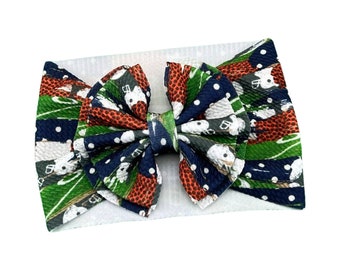 Football Headwrap - Baby Bow - Pull Proof - Permanently Sewn - Big Bow - Clip - Messy Bow