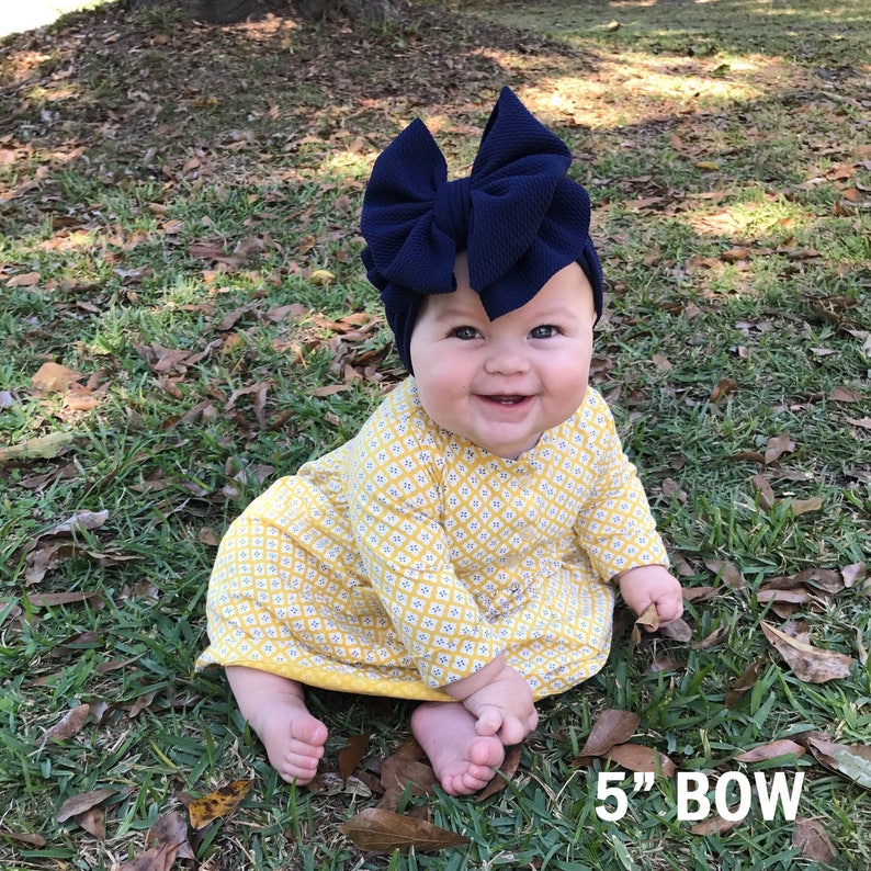 Navy Bow Navy Headwrap Navy Bow Baby Bow Girls Bow Navy Headband Big Bow Permanently Sewn Stretchy Wrap image 1