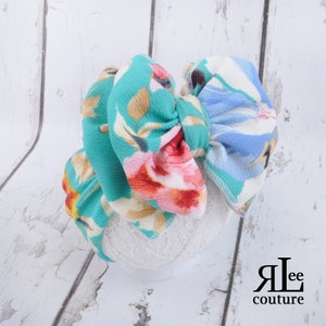 Turquoise Garden Bow - Turquoise Garden Headwrap - Turquoise Garden Headwrap - Baby Bow - Big Bow - Permanently Sewn Stretchy Wrap