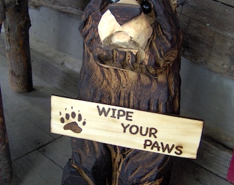Chainsaw Carved Wood Carved Sitting Bear with Sign of Your Choice FREE SHIPPING