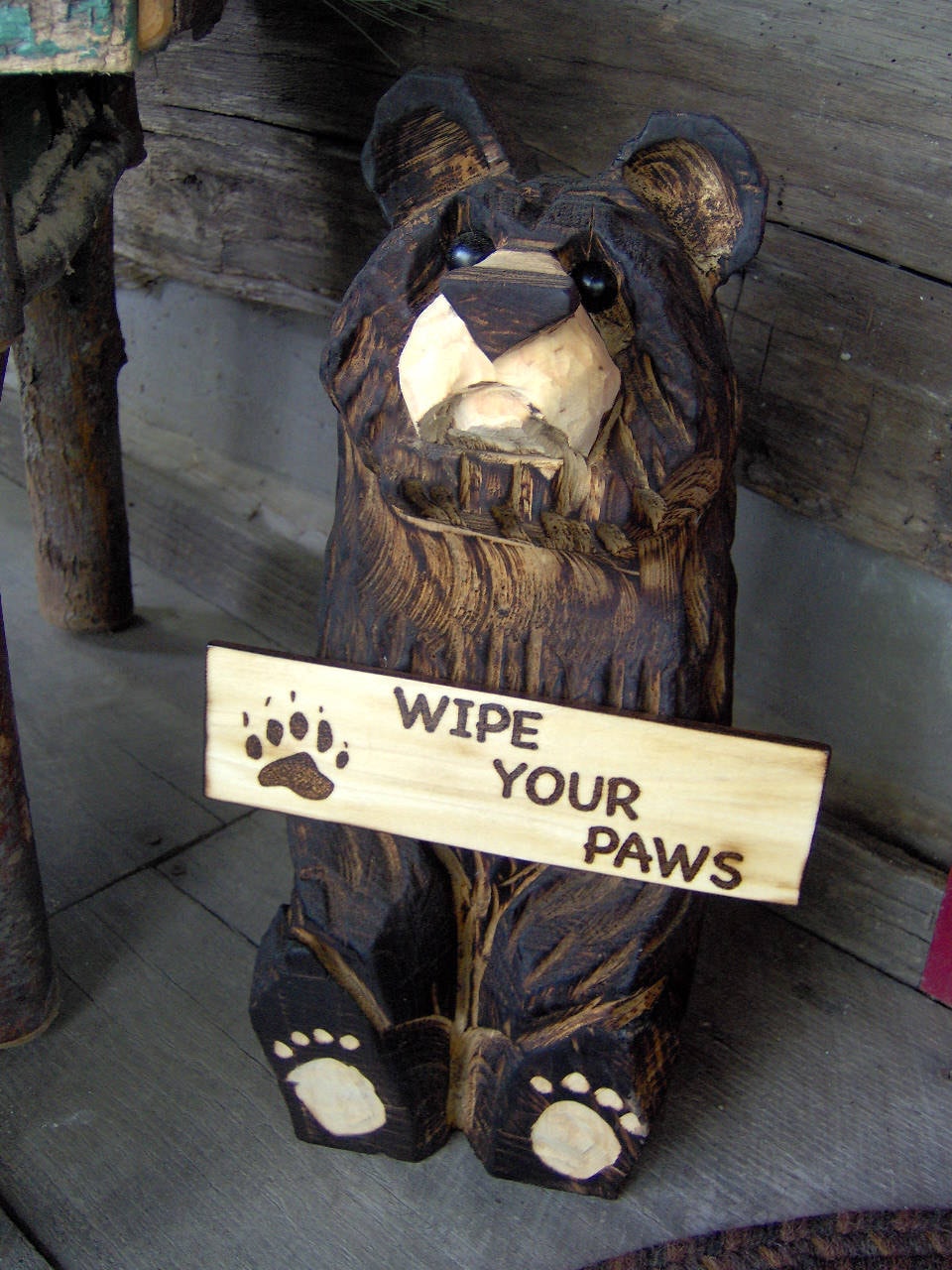 Chainsaw Carved Wood Carved Sitting Bear with Sign of Your Choice FREE SHIPPING