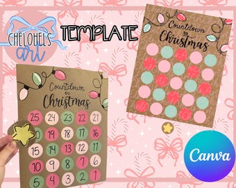 May include: A Christmas countdown template with the text "Countdown to Christmas" and numbered circles. The design includes string lights and the "ChelOhels art" logo. The word "TEMPLATE" is also visible.