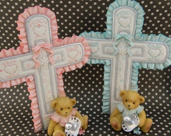 Cross Baptism Gift / Cherished Teddies Baby Topper / Keepsake Christening Cross / Baby Cherished Teddy Cross / Porcelain Cross gift