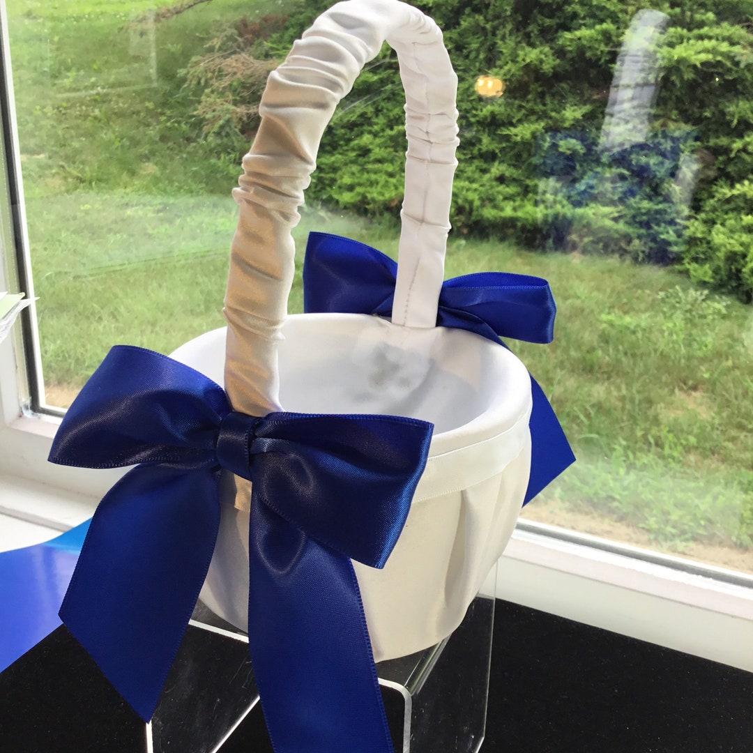 Royal Blue Flower Girl Basket / White Satin Flower Basket / Flower Girl Basket Etsy