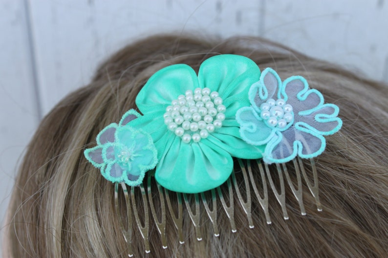 Teal Flower Bridal Comb with Pearl Center Wedding Bride Flower Girl Bridesmaid