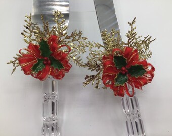 Holiday Knife and Server Set, Knife and Server Set, Christmas, Holiday Cake Cutters, Red, Gold, and Holly Christmas Wedding Server Set