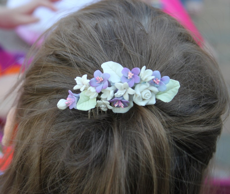 Purple and Ivory Flower Bridal Hair Comb image 3