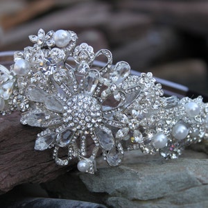 Vintage Hollywood Glamour Rhinestone and Pearl Flower Bridal Headband / Bridal Hair band image 1