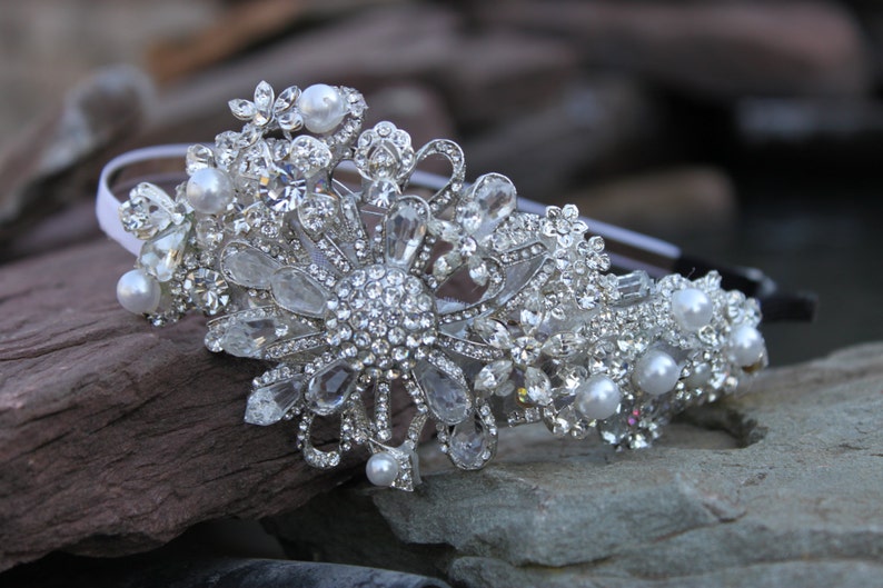 Vintage Hollywood Glamour Rhinestone and Pearl Flower Bridal Headband / Bridal Hair band image 1