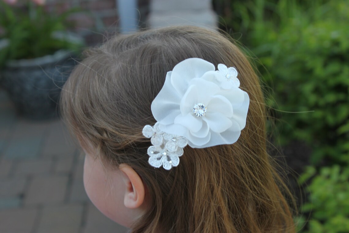 Flower girl Hair Clip with Rhinestones/ Chiffon Flower hair Etsy