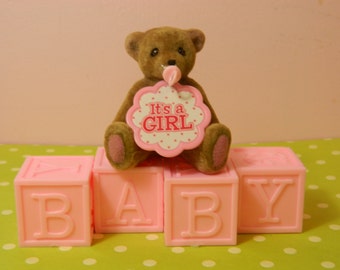 Baby Girl Cake Topper / Teddy Bear Pink Topper / Cake Topper/ / It's A Girl Shower topper / Cute Bear With Baby Blocks Topper /Baby Girl