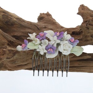 Purple and Ivory Flower Bridal Hair Comb image 4