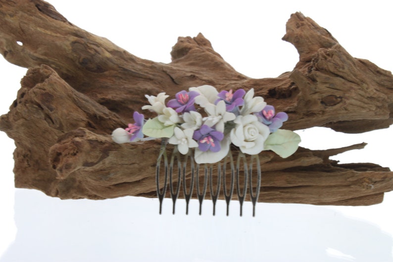 Purple and Ivory Flower Bridal Hair Comb image 4