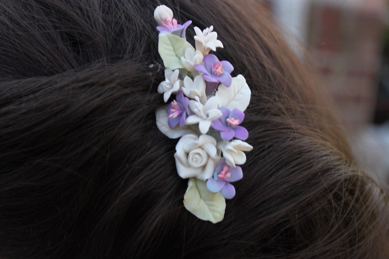 Purple and Ivory Flower Bridal Hair Comb image 1