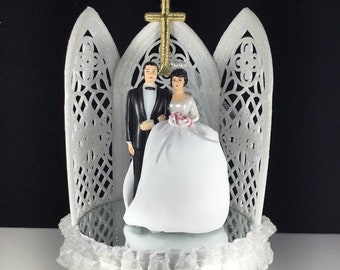 Wedding cake topper / Church Window Topper / Vintage Couple Topper /  Traditional Wedding Couple / Anniversary Cake Topper