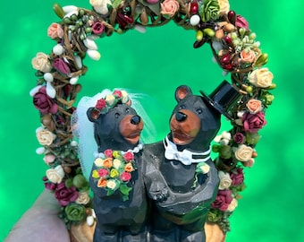 Cake Topper Bear Bride and Groom Topper  Fall  Wedding  Bears standing Under Rustic Flower Arch Animal Lover Hunter Wedding Cake Topper