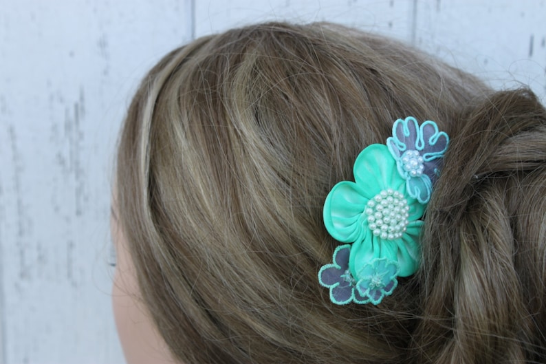 Teal Flower Bridal Comb with Pearl Center Wedding Bride Flower Girl Bridesmaid