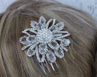 Rhinestone and Crystal Flower Hair Comb/ Wedding/ Bridal Comb/