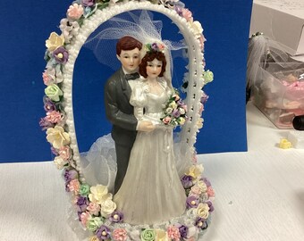 Spring Wedding Floral Arch  wedding topper/ grey tux groom couple/ weddings