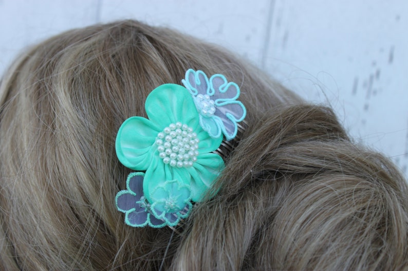 Teal Flower Bridal Comb with Pearl Center Wedding Bride Flower Girl Bridesmaid