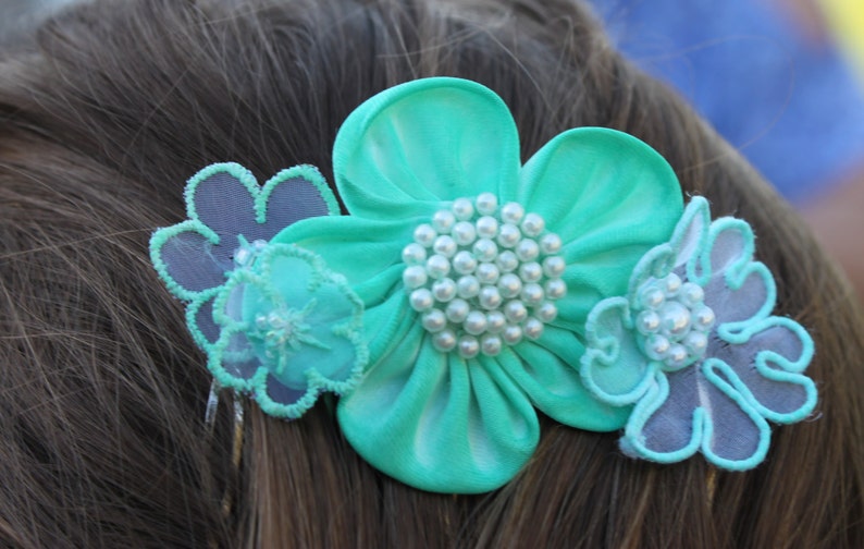 Teal Flower Bridal Comb with Pearl Center Wedding Bride Flower Girl Bridesmaid