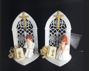 Communion Topper  Kneeling Boy or Girl Church Topper  First Holy Communion Cake  Church Window Communion Topper Kneeling Child