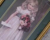 Victorian Sweet Little Girl White Dress Blue Sash Pink Shoes Blonde Hair Holding Roses Letter Painted by Charles Trevor Garland Decor