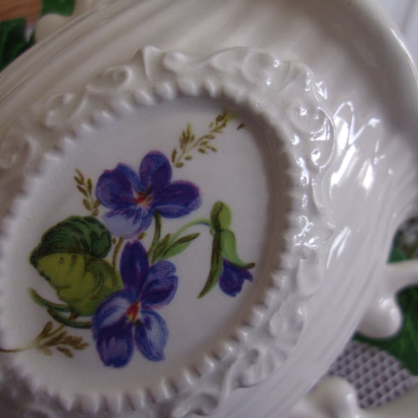 Vintage Sugar Bowl w Lid Creamer w Lid Cream Colored Violets Framed Cameo Like Oval