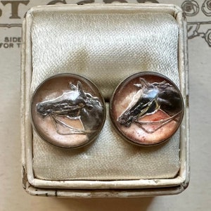 Vintage Essex Crystal Horse Earrings/ Reverse Glass Painting/Equestrian/Thoroughbred Post Earrings