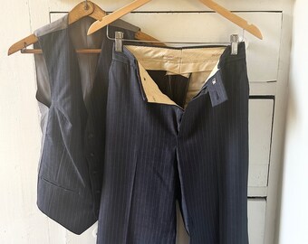 1970s authentic vintage YSL Yves Saint Laurent two-piece navy wool pinstripe suit vest and pants, women’s size xxs/xs