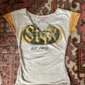 Vintage 1979 Styx distressed burnout concert tee shirt modified bootleg tailgate cotton tee with custom stitching size xs/xxs