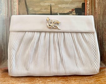 1980s iconic Silvano Biagini large white leather purse adorned with vintage double serpent snake brooch, one-of-a-kind archival custom piece