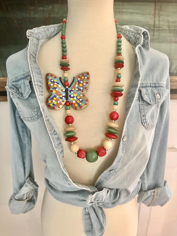 Monumental 1970s-1980s era handpainted OOAK wood bead butterfly statement necklace, a bohemian beauty, wow!