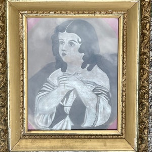 19th Century Antique painting, American primitive watercolor Folk art girl with bird beautiful original gilt frame 24x18